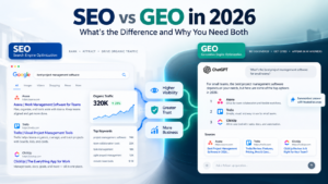SEO vs GEO in 2026 comparison showing traditional search and generative search visibility